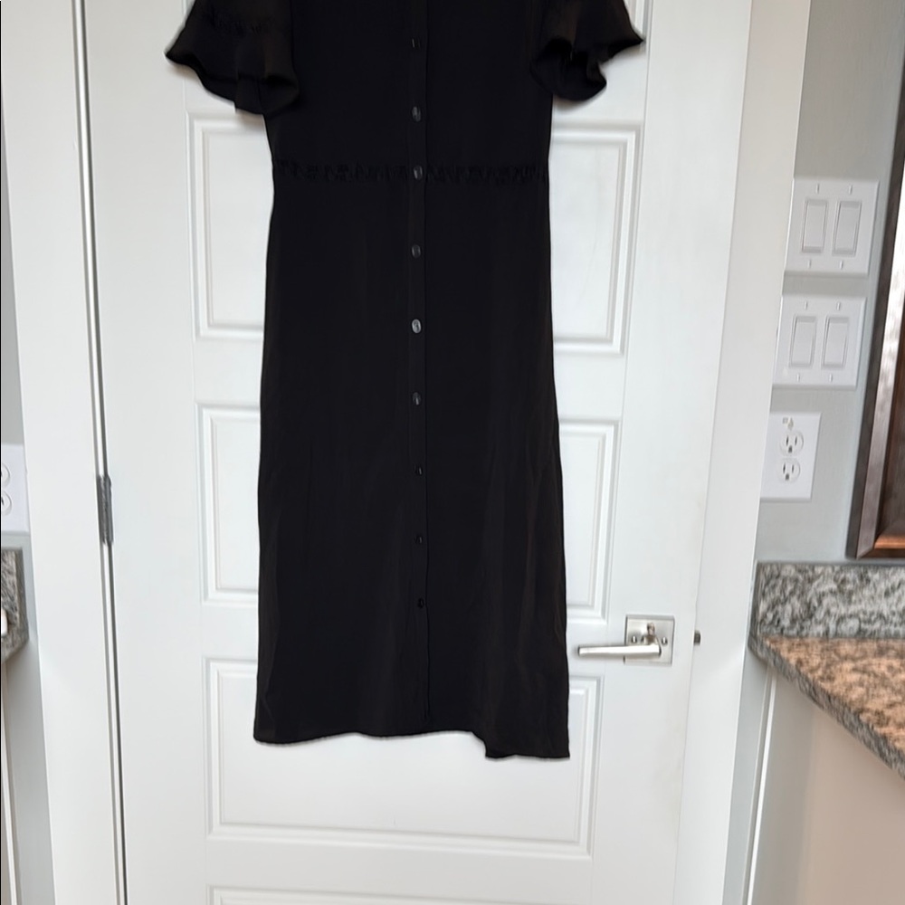 Chic Black Midi Dress with Button and Lace Detail